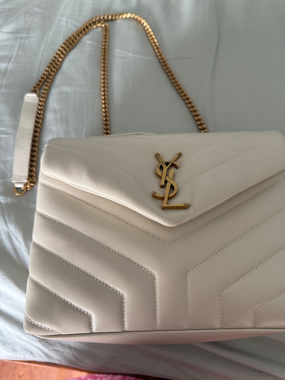 Saint Laurent Cream Quilted Leather Shoulder Bag with Gold YSL Hardware - Picture 2 of 5